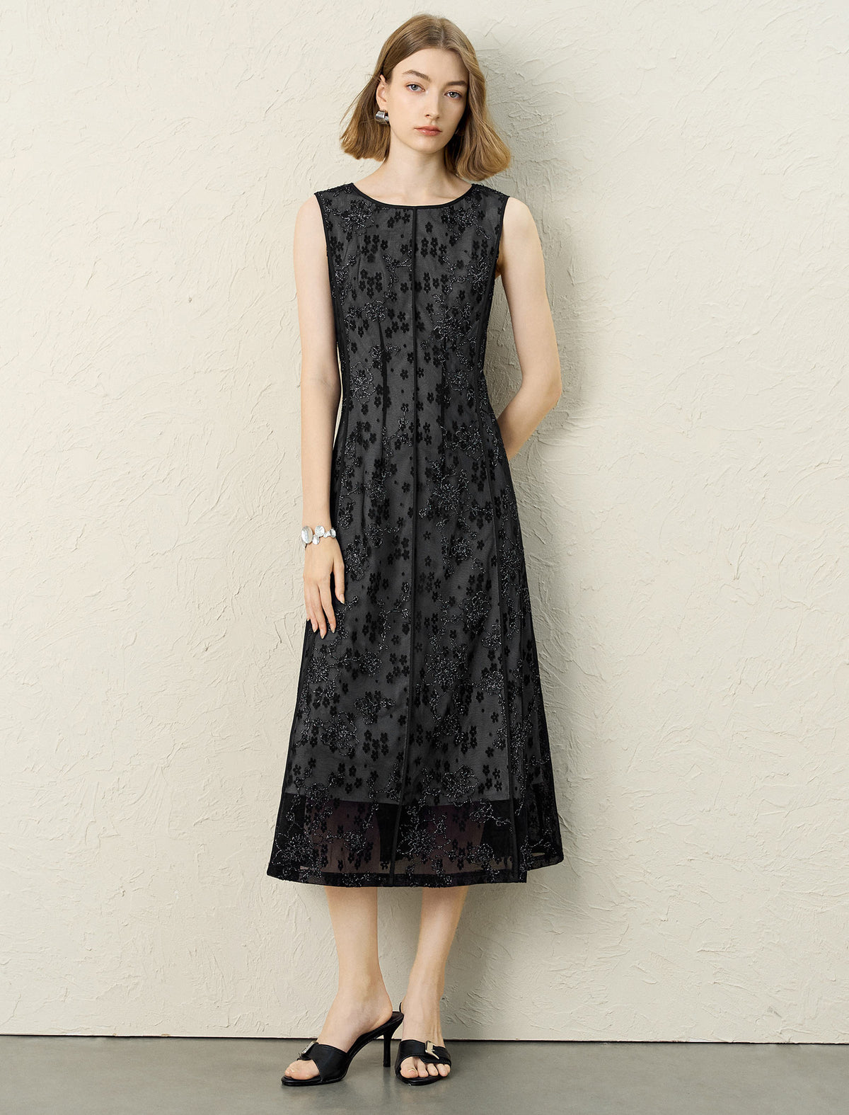 Venetian Nocturne Jacquard Mesh Midi Dress