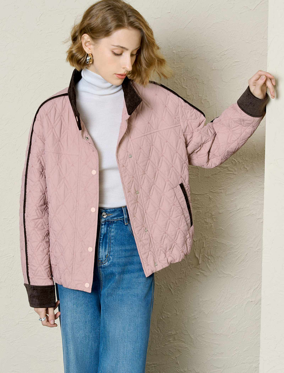 Blush Quilted Contrast Trim Bomber Jacket