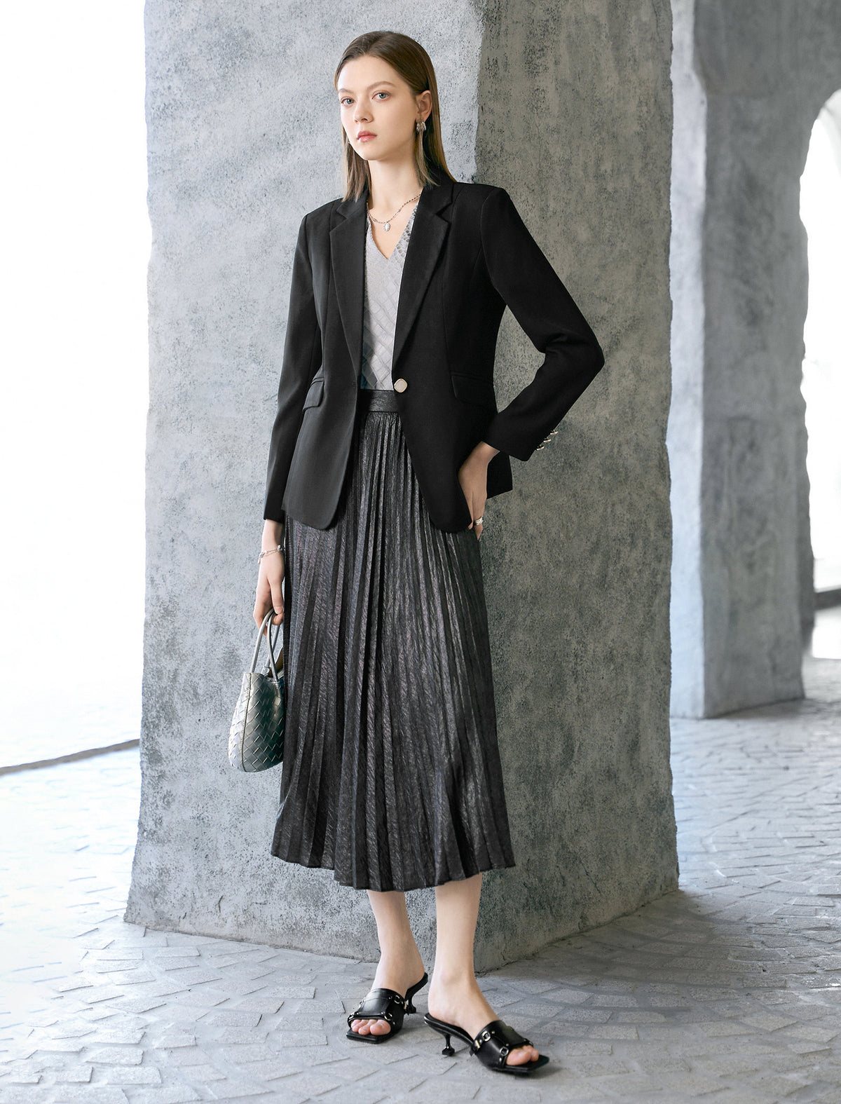 Black Metallic Pleated Midi Skirt