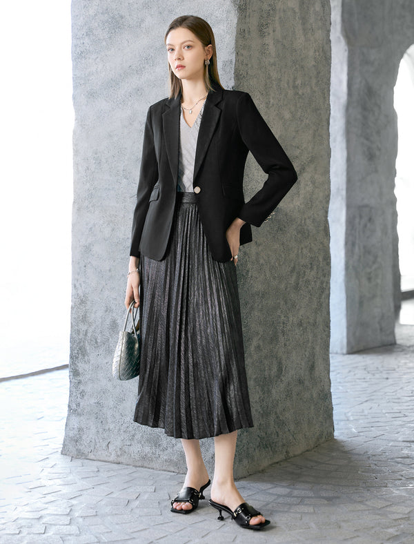Black Metallic Pleated Midi Skirt