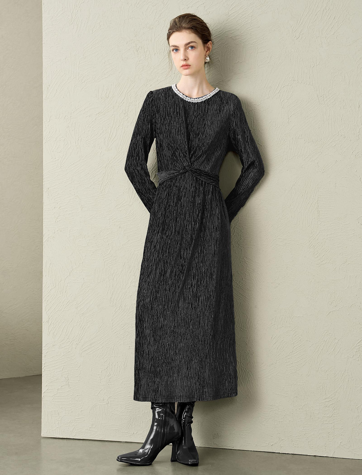 Velvet Waist-Defining Long-Sleeve Dress