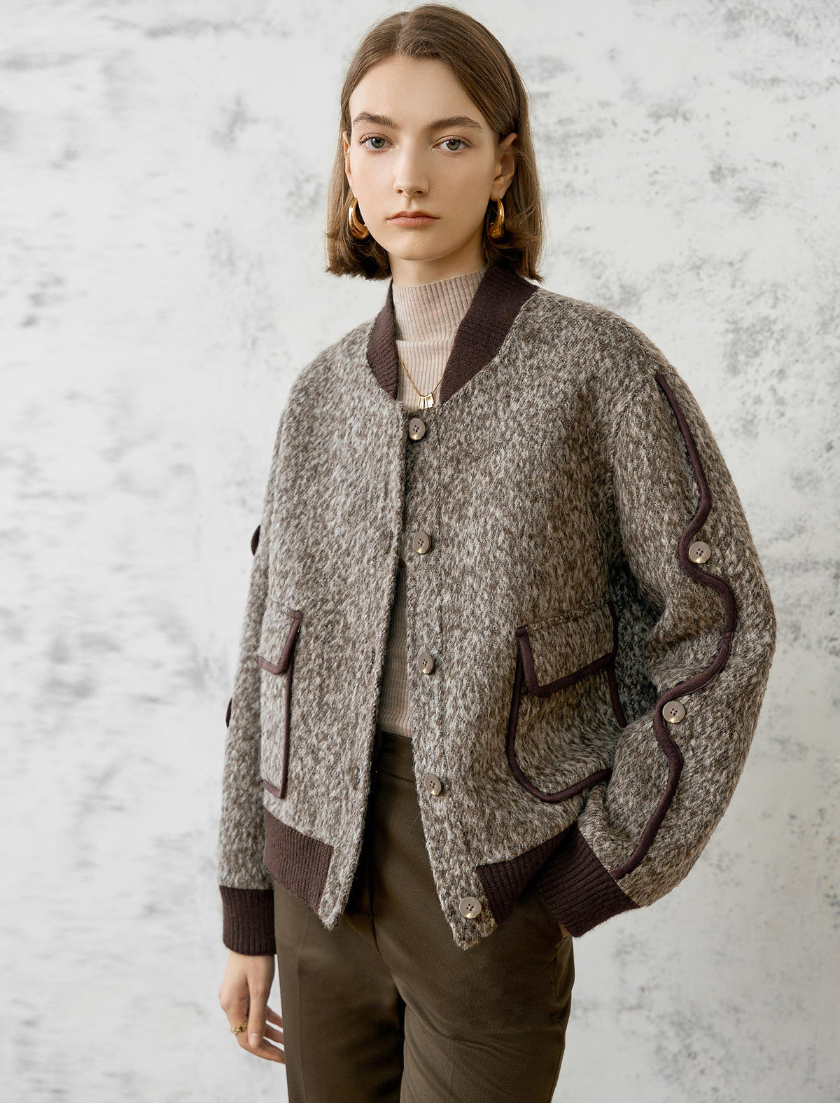 Wool-Blend Fuzzy Textured Bomber Jacket