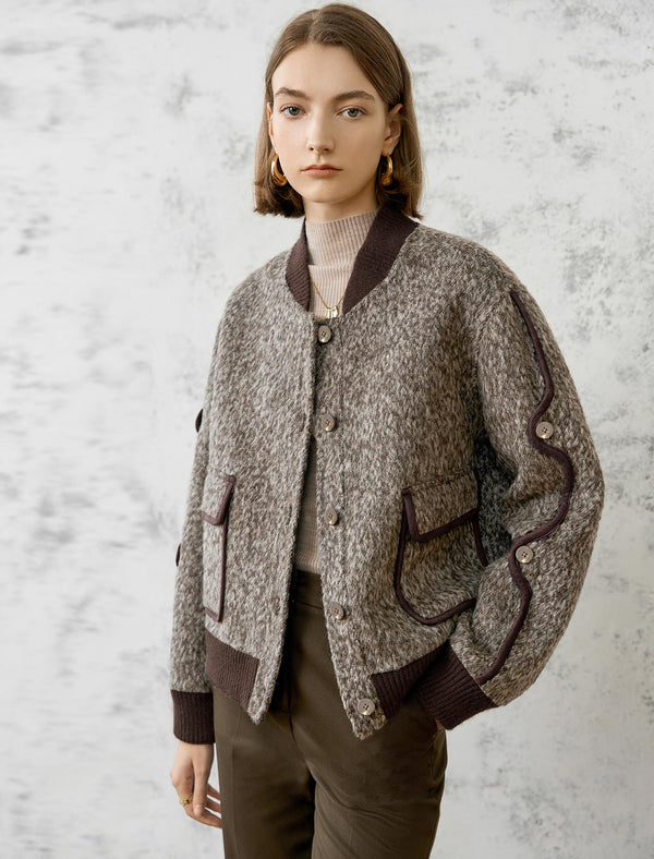 Wool-Blend Fuzzy Textured Bomber Jacket