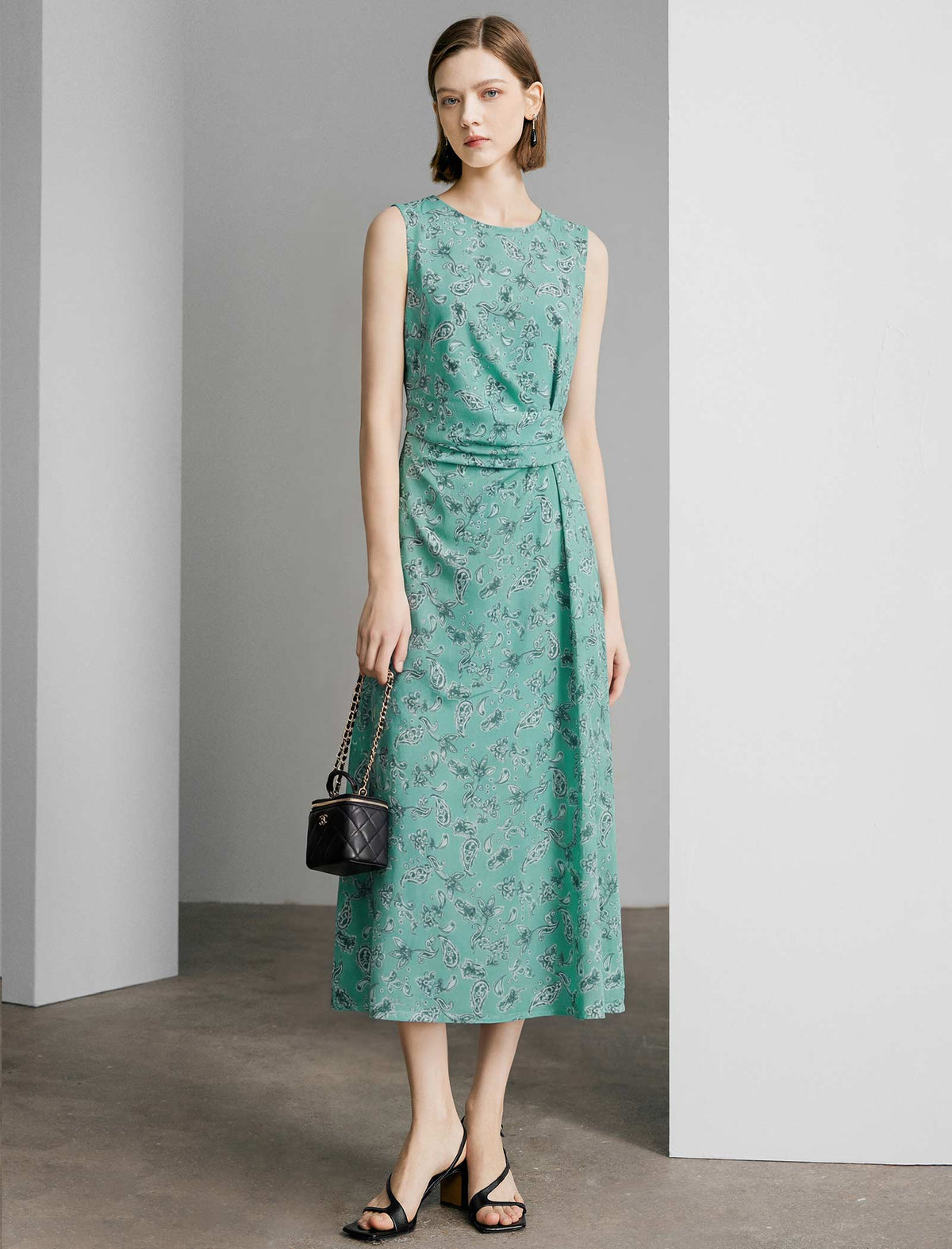 Teal Paisley Print Sleeveless Midi Dress