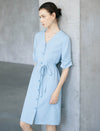 Light Blue V-Neck Tie Waist Midi Shirt Dress