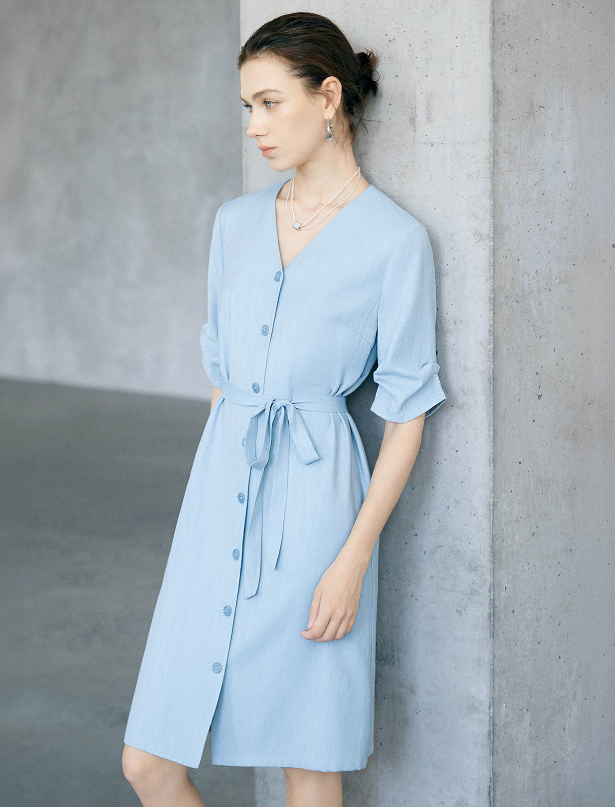 Light Blue V-Neck Tie Waist Midi Shirt Dress