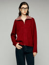 Striped-Collar Cable-Knit Long Sleeve Zip-Front Cardigan