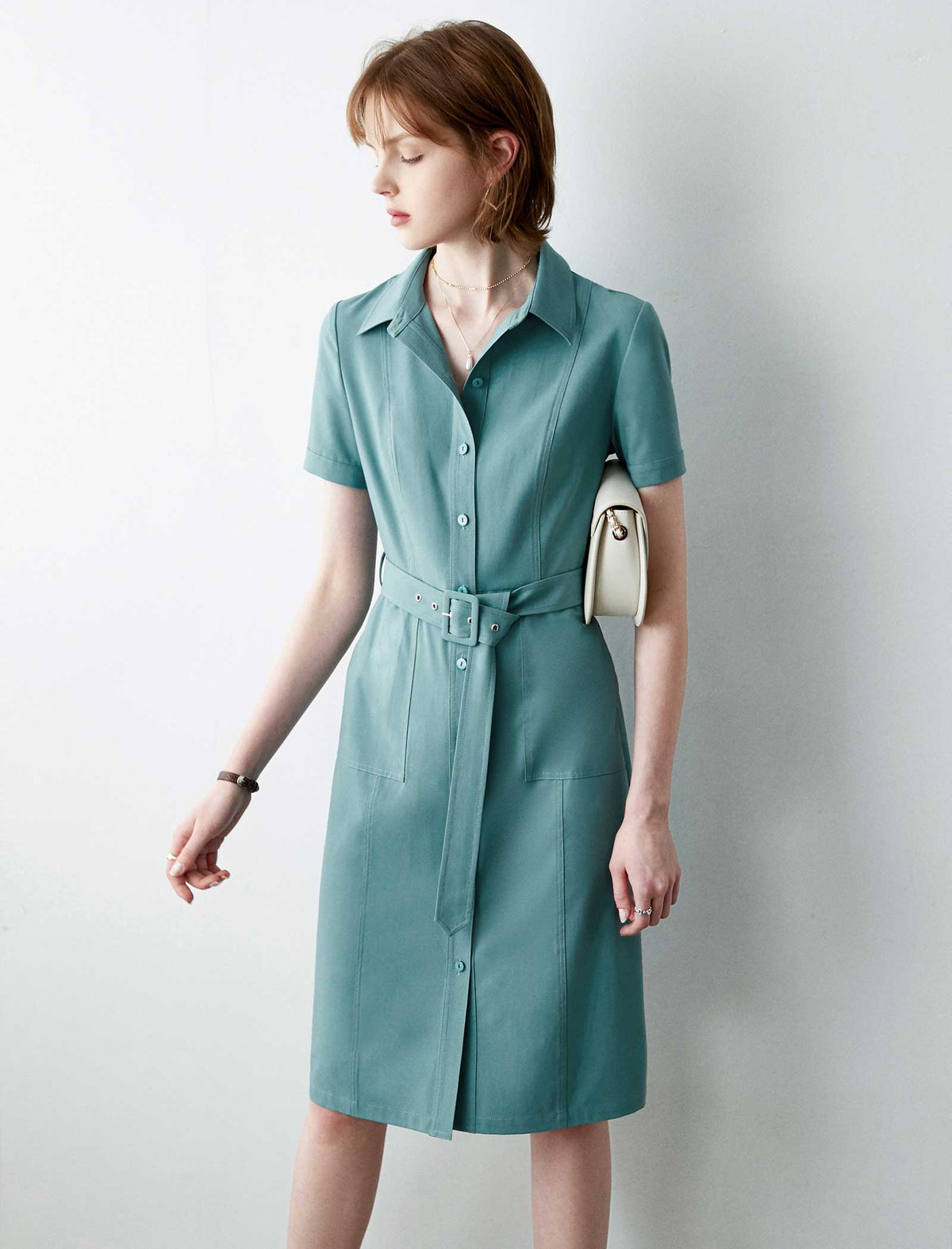 Teal Belted Shirt Midi Dress
