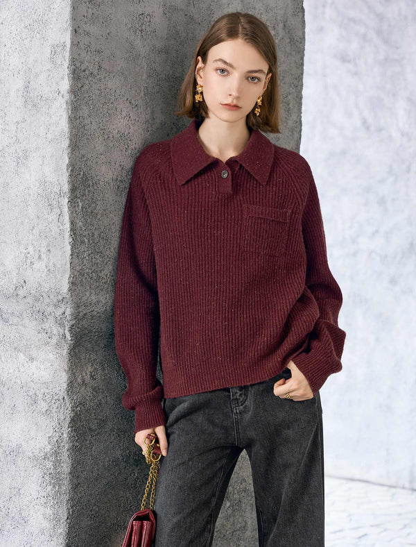 Wool Red Elegant Lapel Loose Knit Sweater
