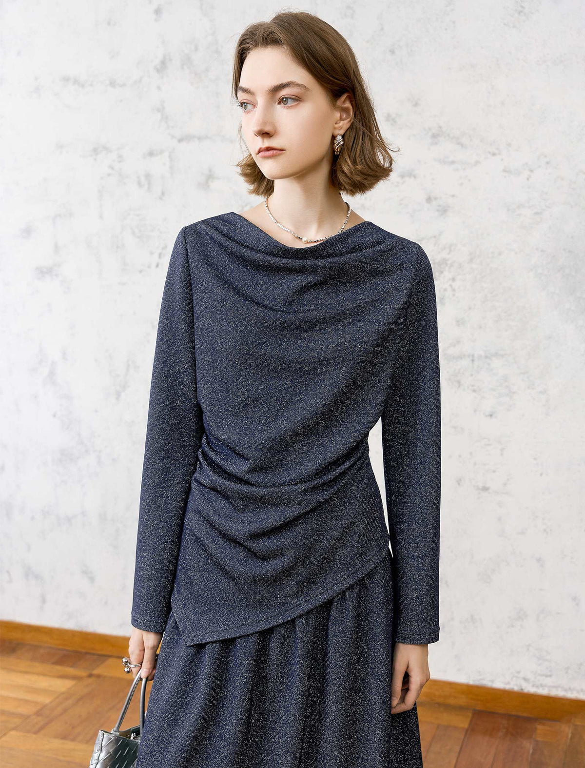 Vintage-Style Cowl Neck Top with Asymmetrical Hem