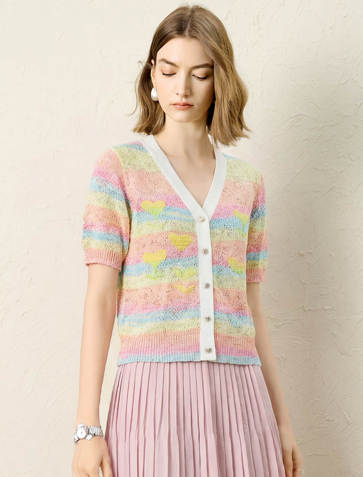 Pastel Rainbow Stripe Heart Knit Short Sleeve Cardigan
