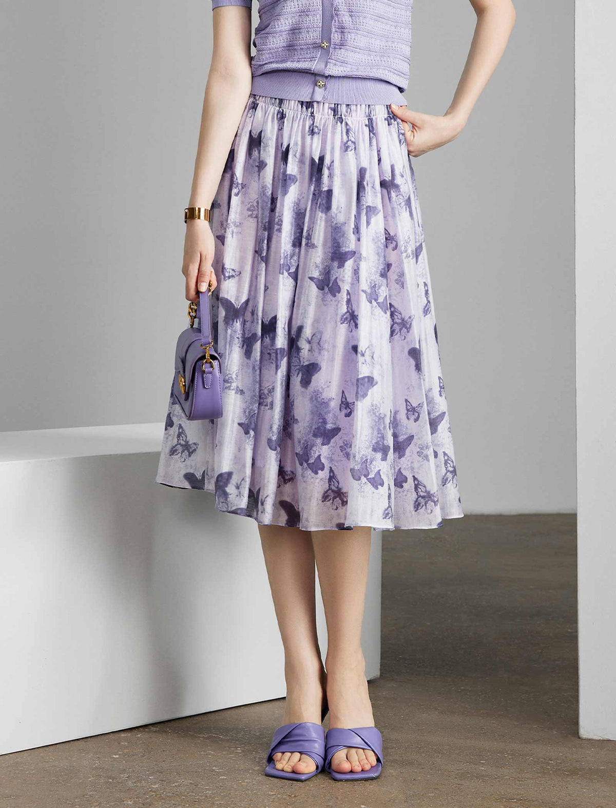 Purple Tencel Print A-Line Skirt