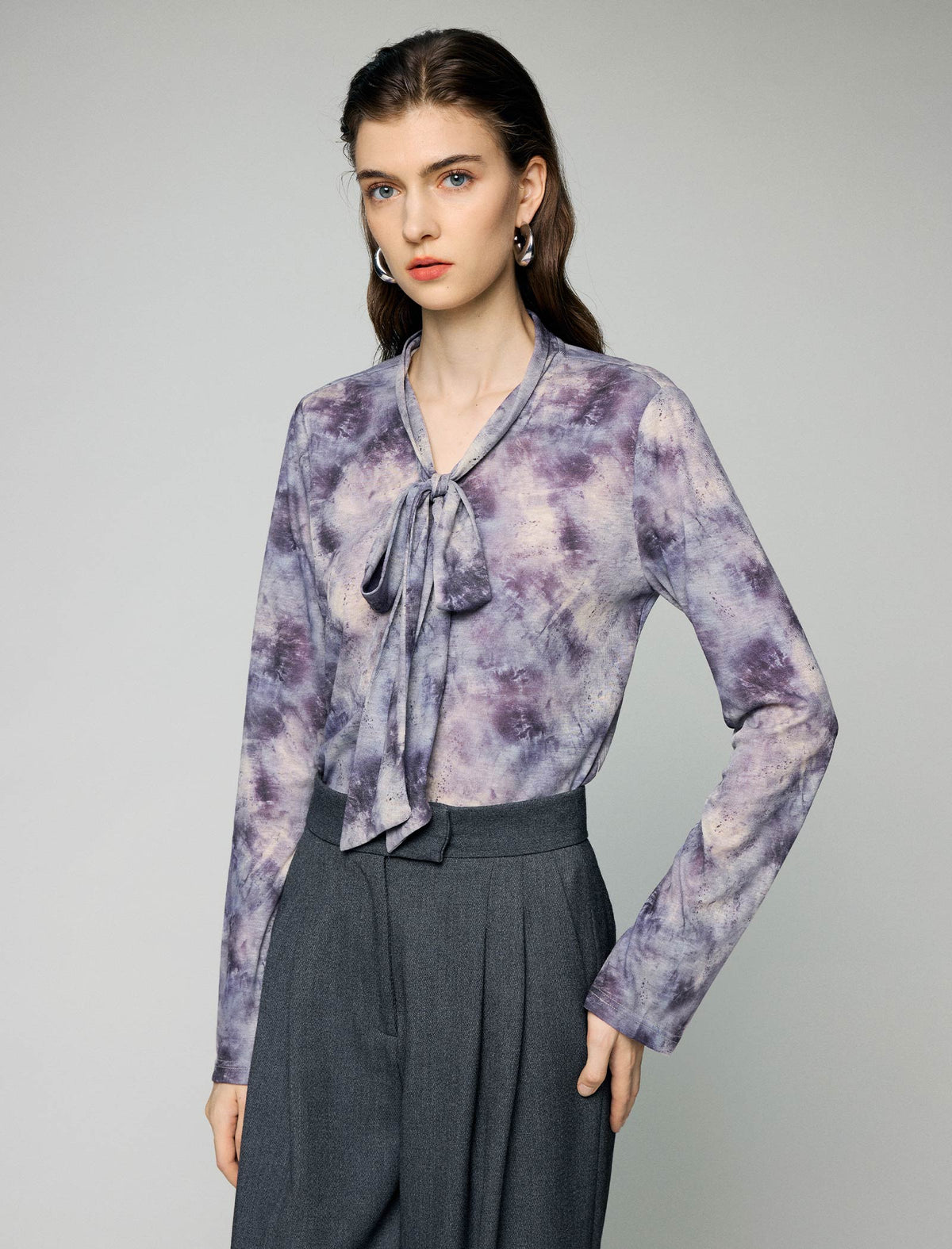 Printed Tie Neck Long Sleeve Knit Top