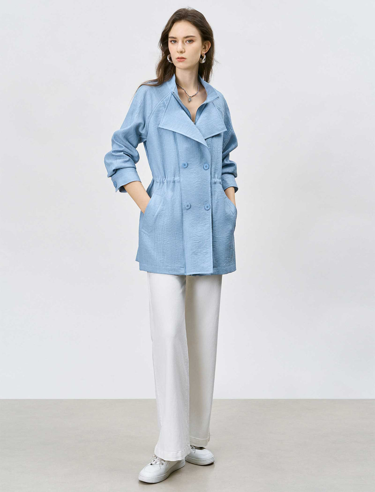 Light Blue Drawstring Waist Double Breasted Mid Length Trench Jacket