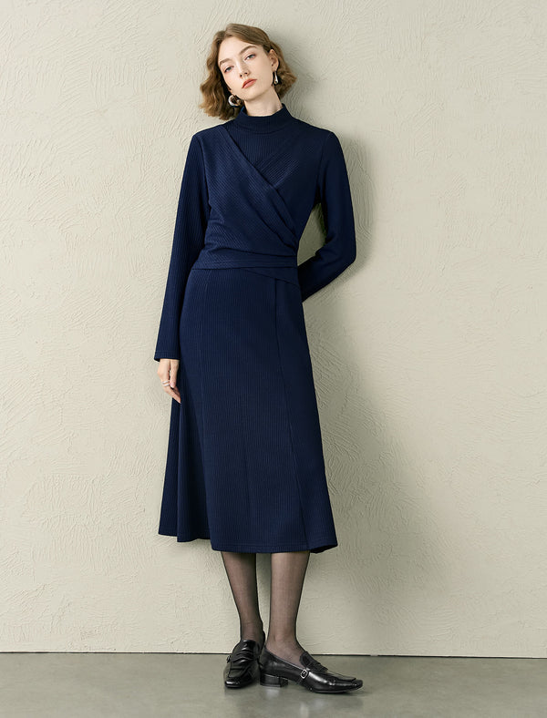 Navy Mock Neck Wrap Dress