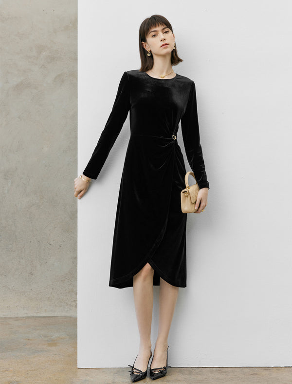 Black Velvet Irregular Hem Long Sleeve Midi Dress