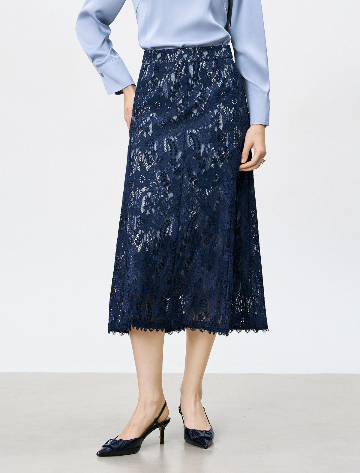 Navy Blue Floral Lace Midi Skirt