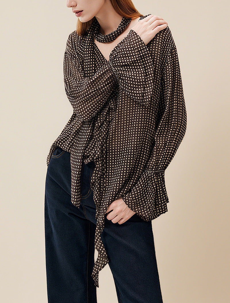 Brown Grid Print Sheer Blouse