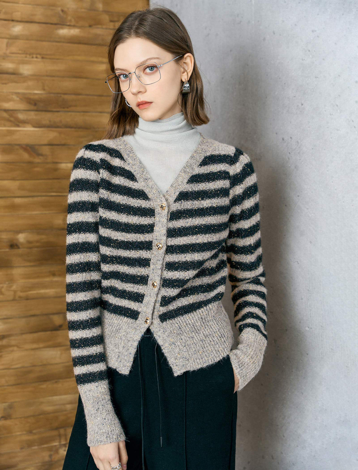 Shimmer Stripe Gold-Tone Button Knit Cardigan