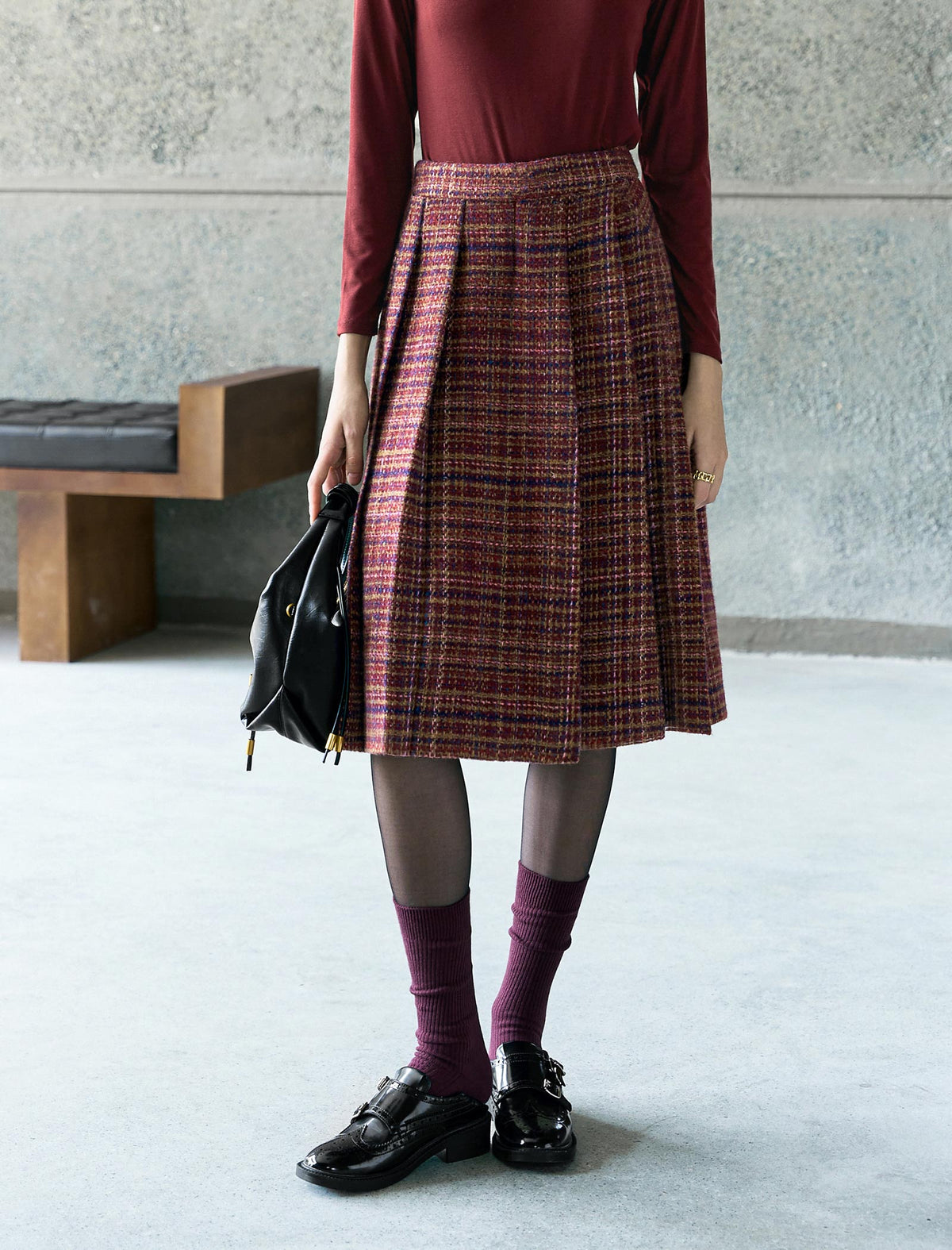 Wool-Blend Plaid Midi Skirt