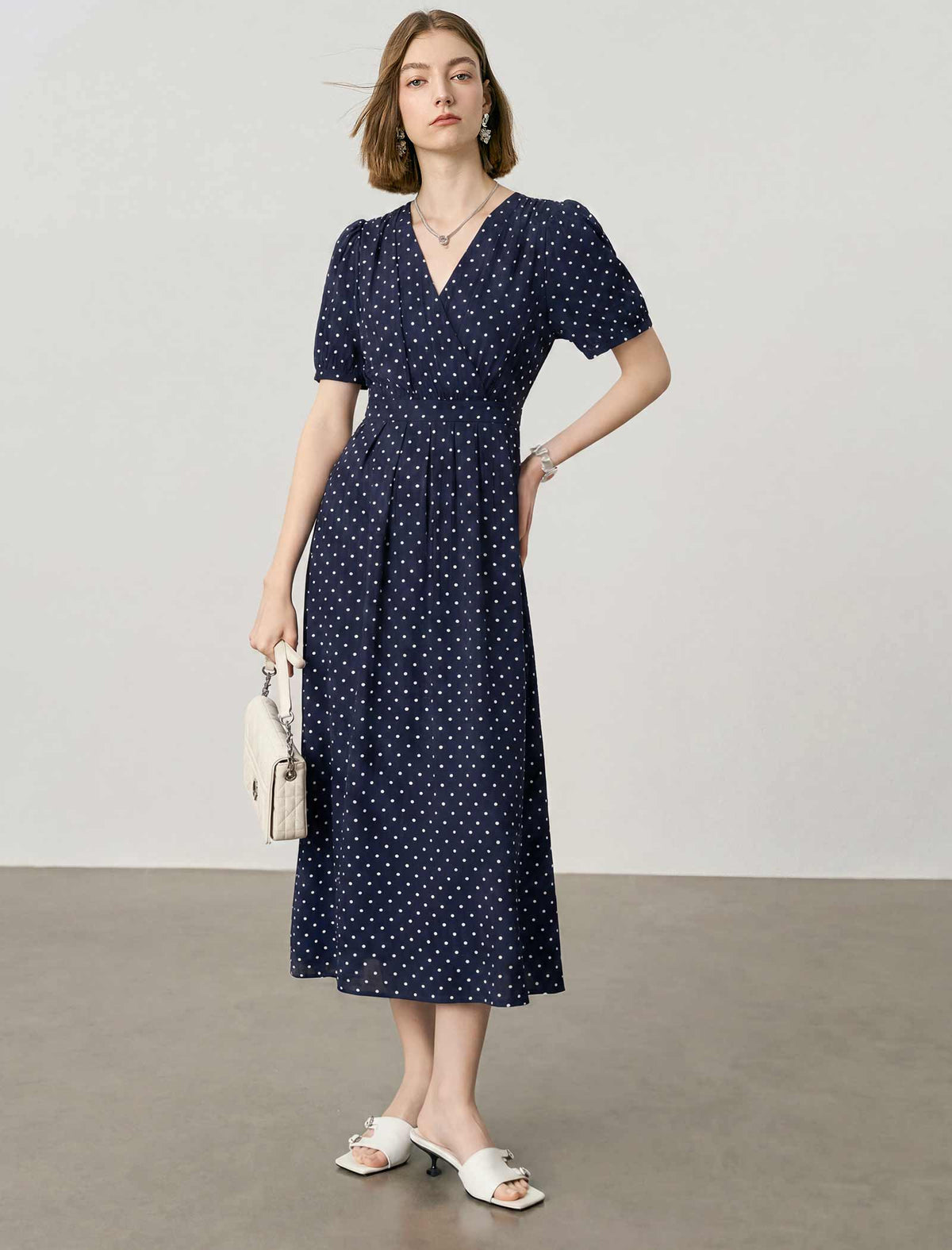 Navy Blue Polka Dot Wrap Midi Dress