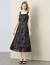 Black Gold Floral Sequin Lace Wide Strap Midi Slip Dress