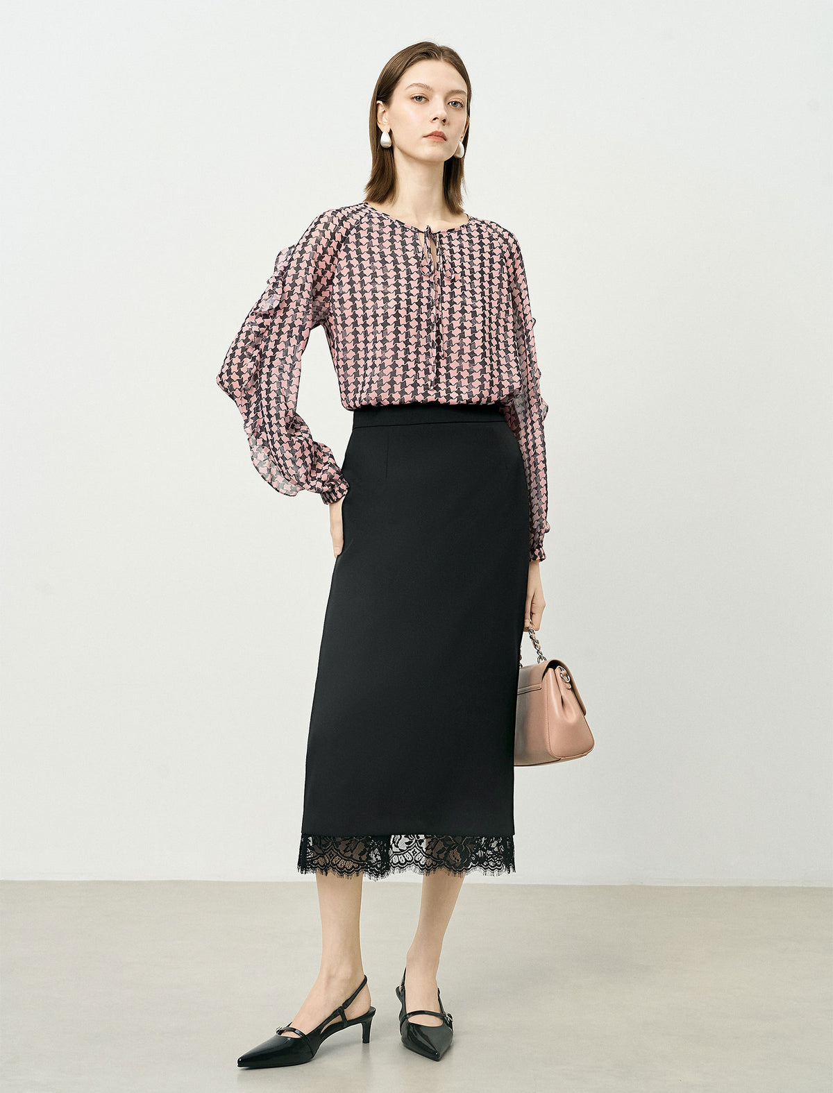 High Waist Lace Hem Back Slit Midi Pencil Skirt