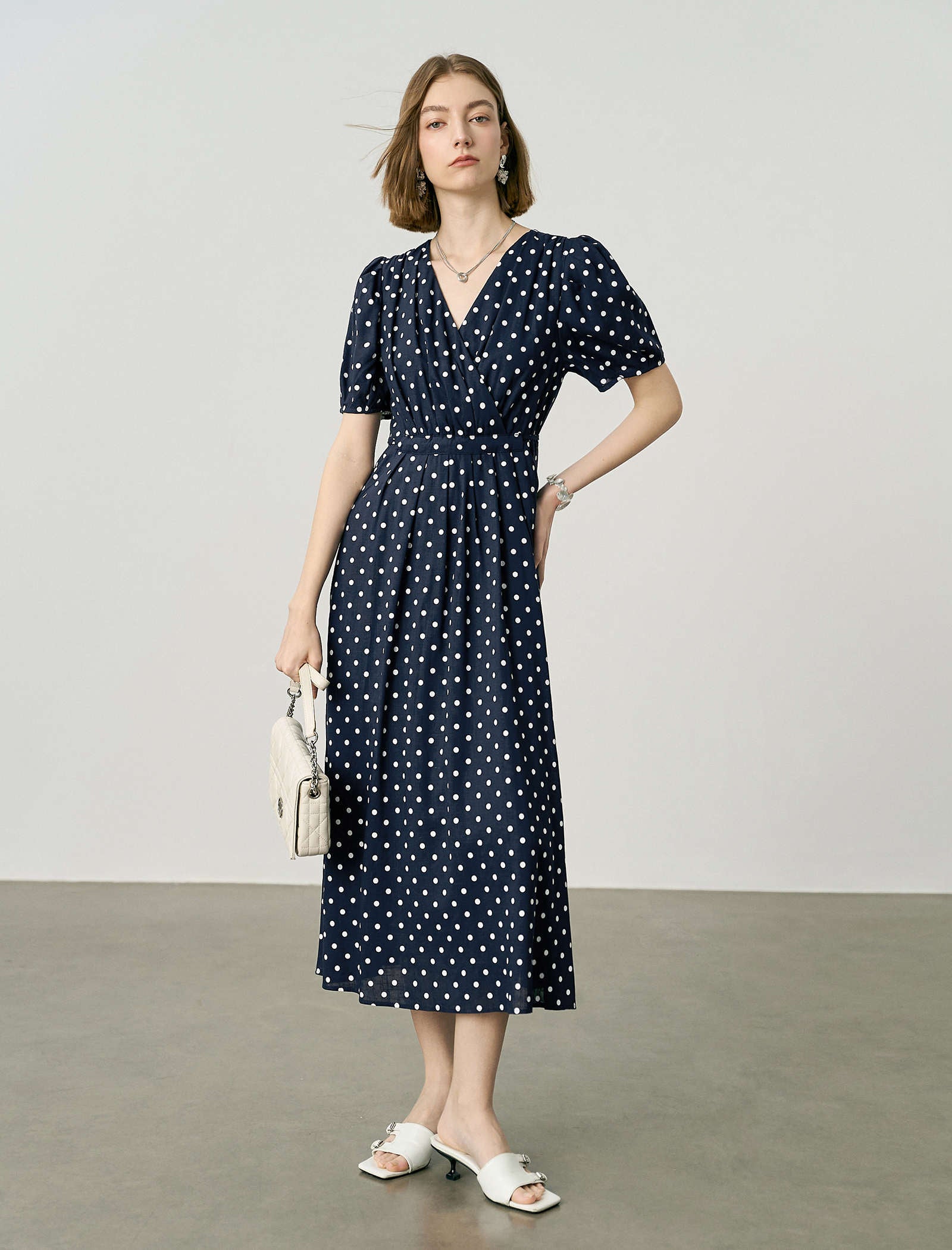 Navy Blue Polka Dot Wrap Midi Dress – FancyEpic