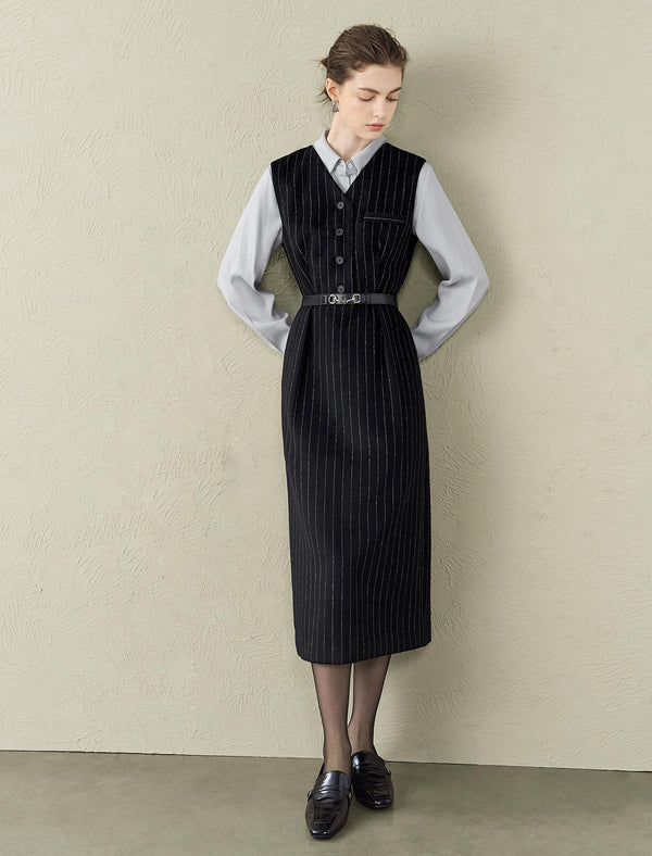 Wool-Blend V-Neck Pinstripe Sleeveless Midi Dress
