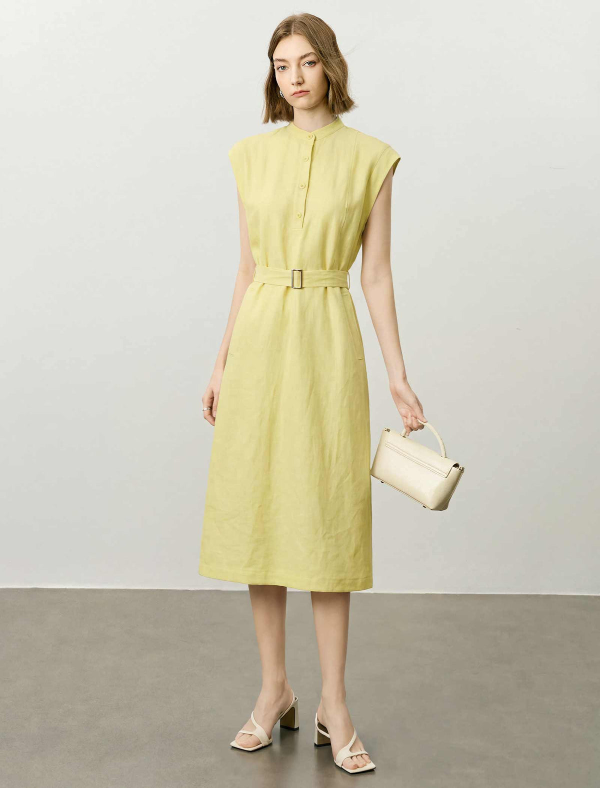 Stand Collar Sleeveless Belted Tencel Linen Midi Dress