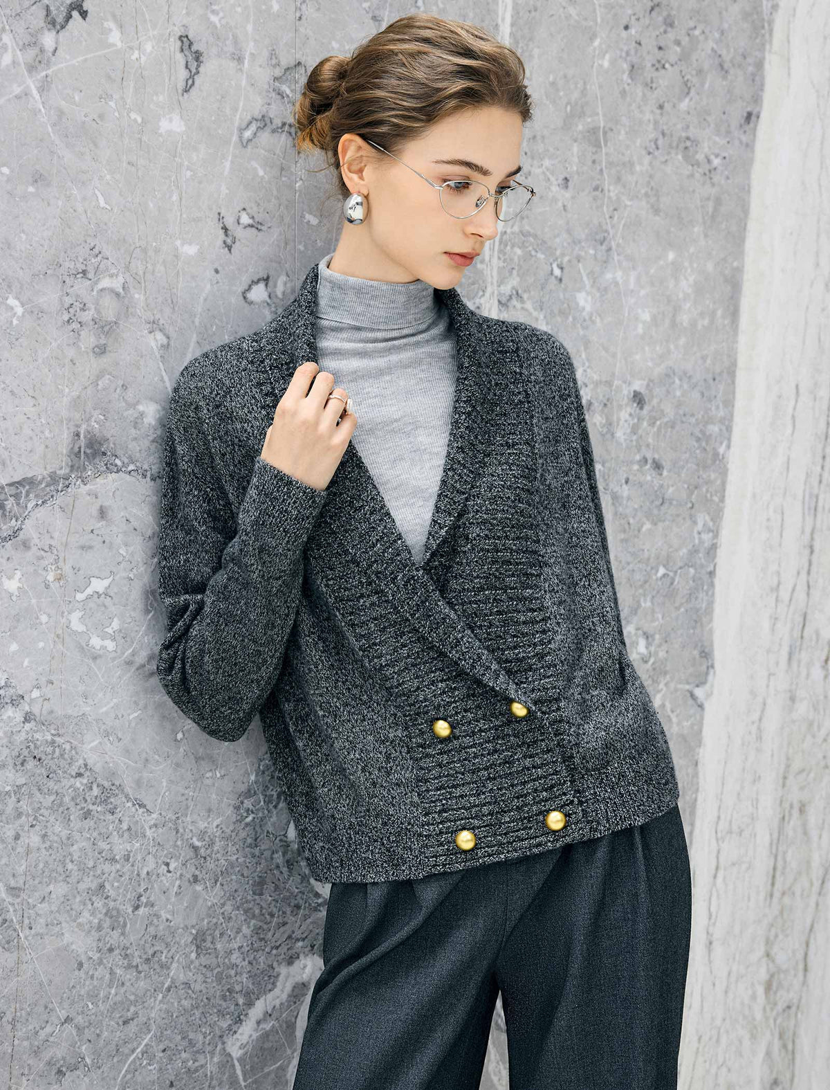 Wool Blend Shawl-Collar Double-Breasted Cropped Cardigan