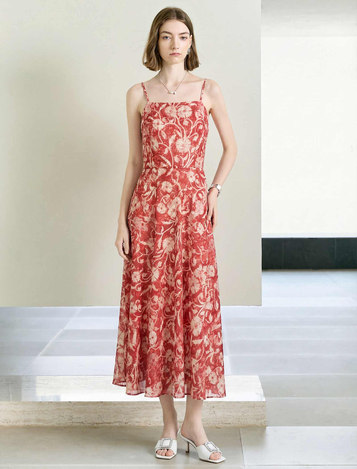 Rust Red Tie-Dye Floral Print Square Neck Midi Cami Dress