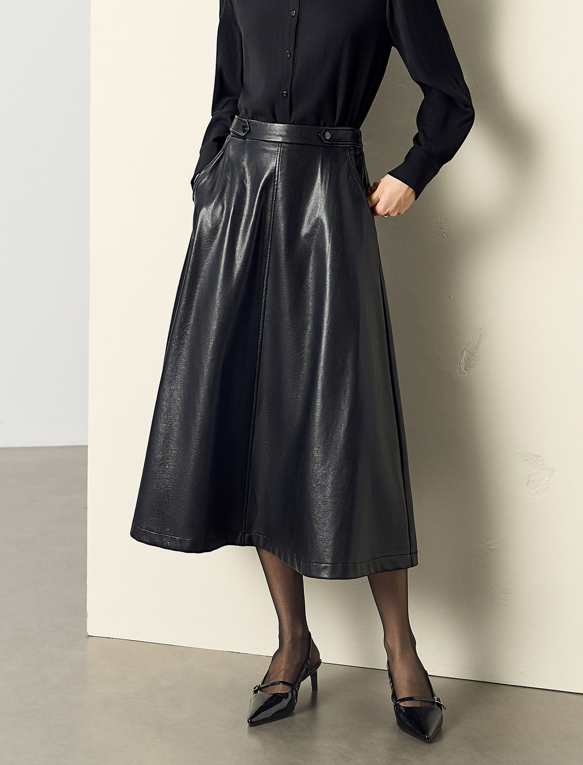 A-Line PU Leather Midi Skirt