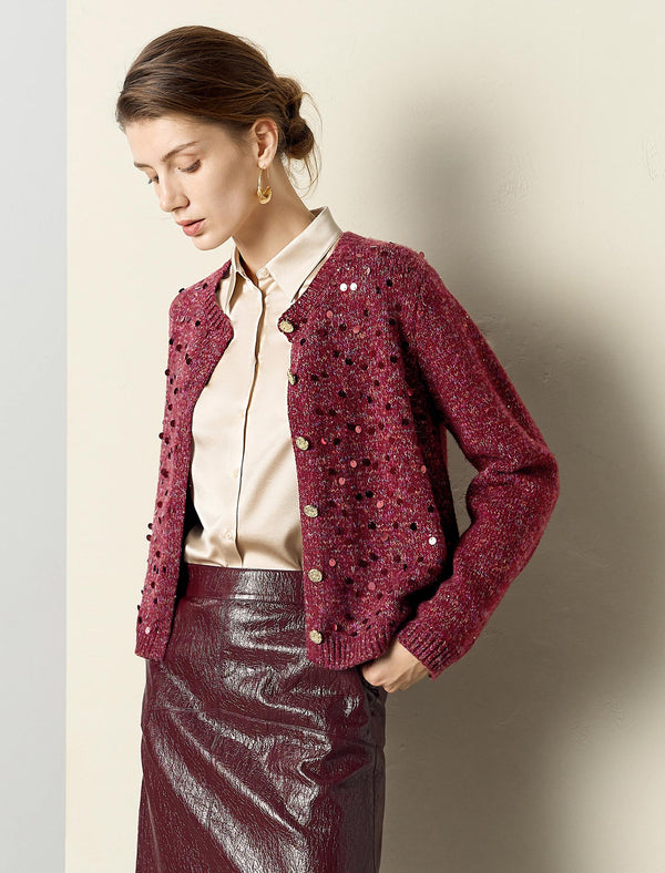 Burgundy Sequin-Embellished Cardigan