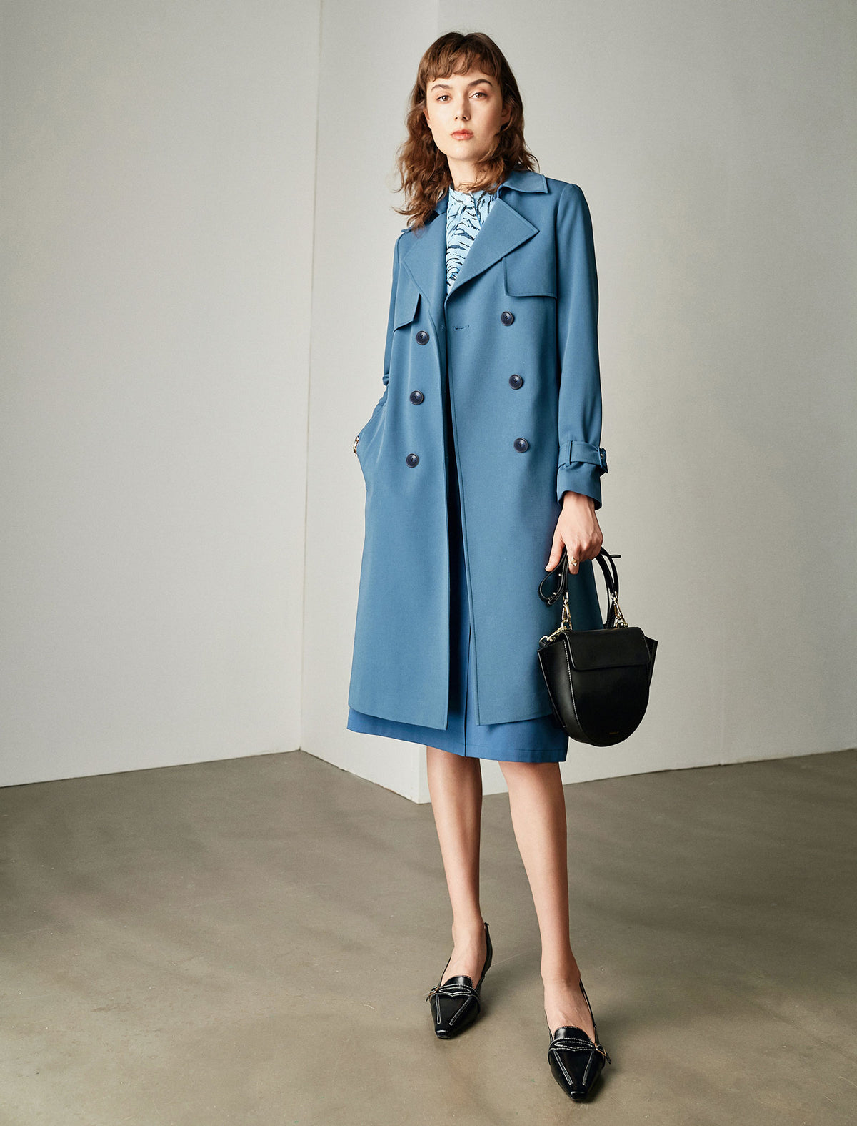 Blue Double-Breasted Trench Coat