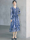 Abstract Floral Print Belted Long Sleeve Midi Dress