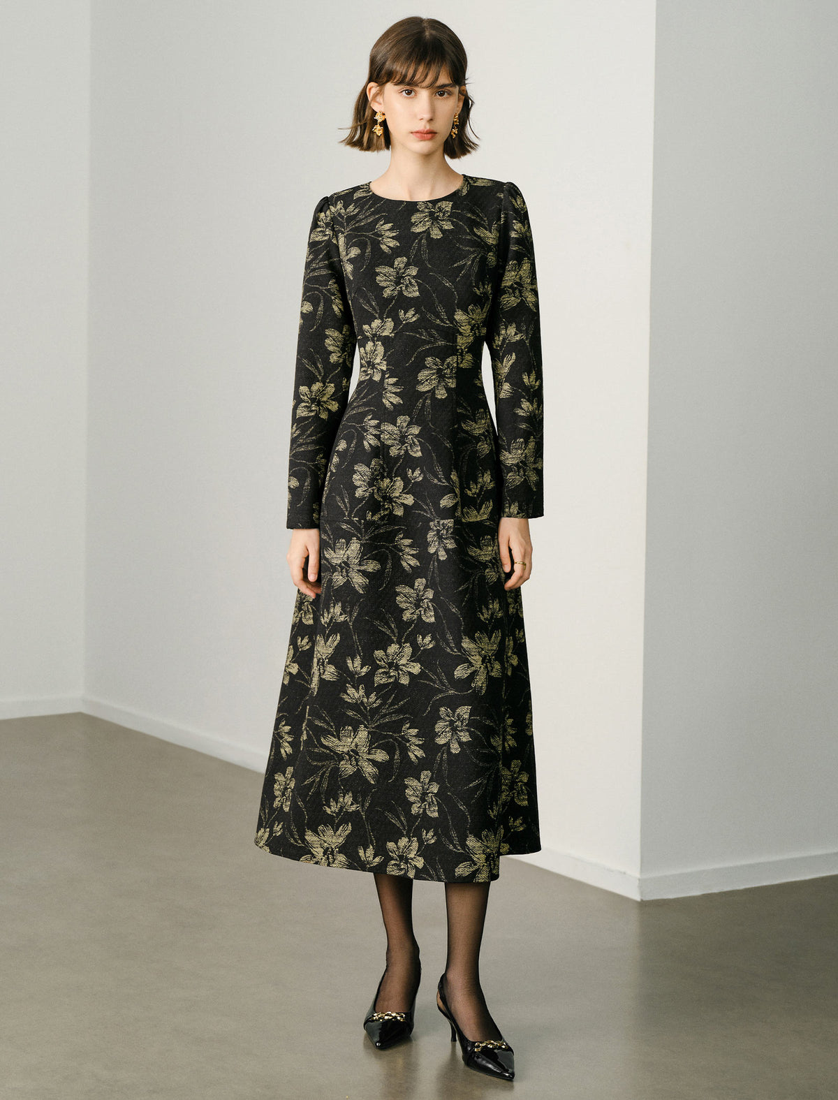 Floral Print Long-Sleeve Column Maxi Dress