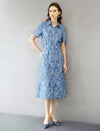 Blue Leaf Floral Print Belted Midi Shirt Dress