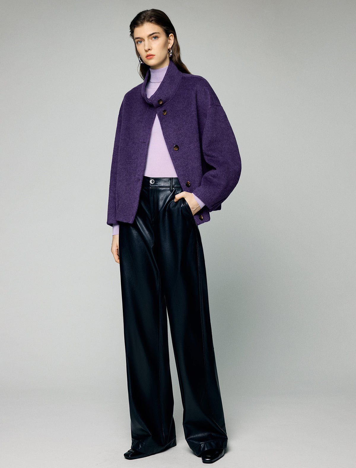 Wool Blend Stand-Collar Button-Front Balloon-Sleeve Cropped Jacket