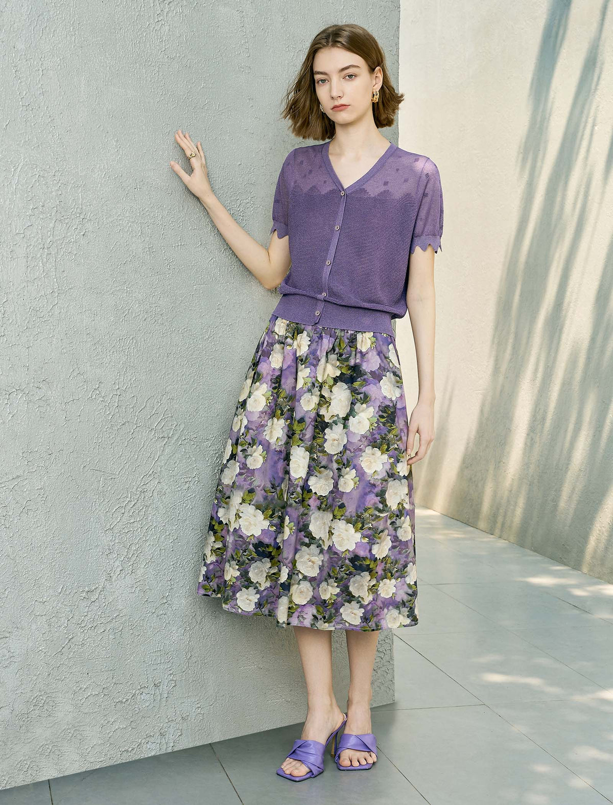 Cotton Purple Floral Print A-Line Midi Skirt