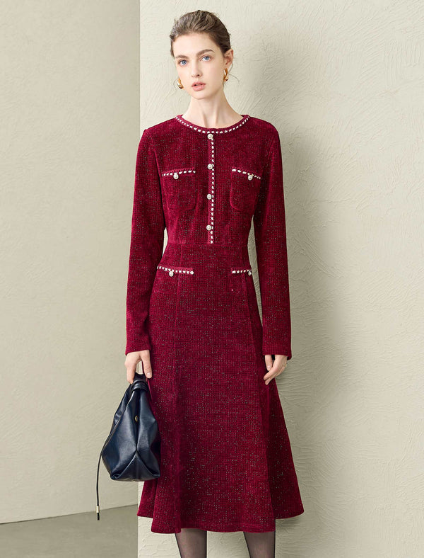 Burgundy Tweed Midi Dress