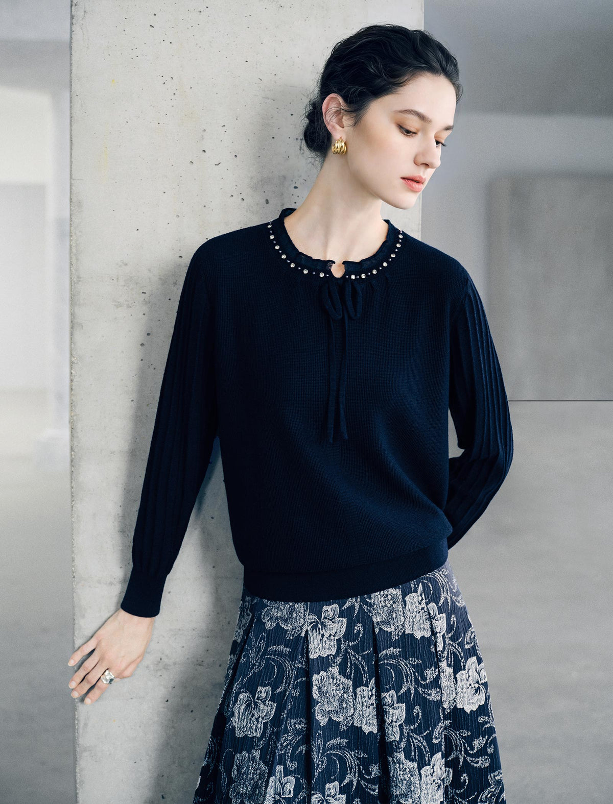 Vintage Pearl Trim Tie Neck Knit Top