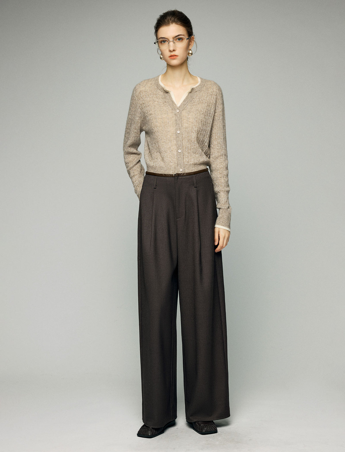 Wool Blend Pleated High-Waist Wide-Leg Pants