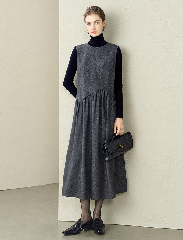 Asymmetrical Ruched Detail Wool-Blend Sleeveless Midi Dress