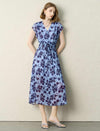 Blue Floral Print V-Neck Midi Dress