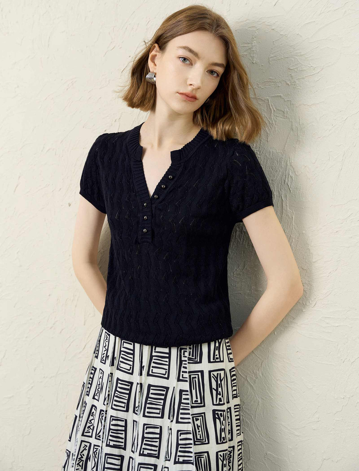 Tailored Open-Collar Knit Top