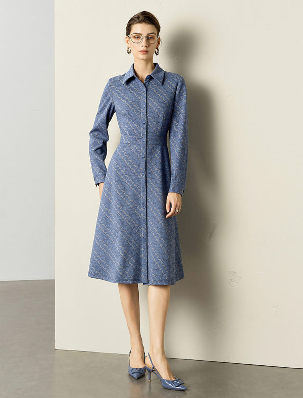 Vintage Lapel Waist-Defining Long-Sleeve Midi Dress