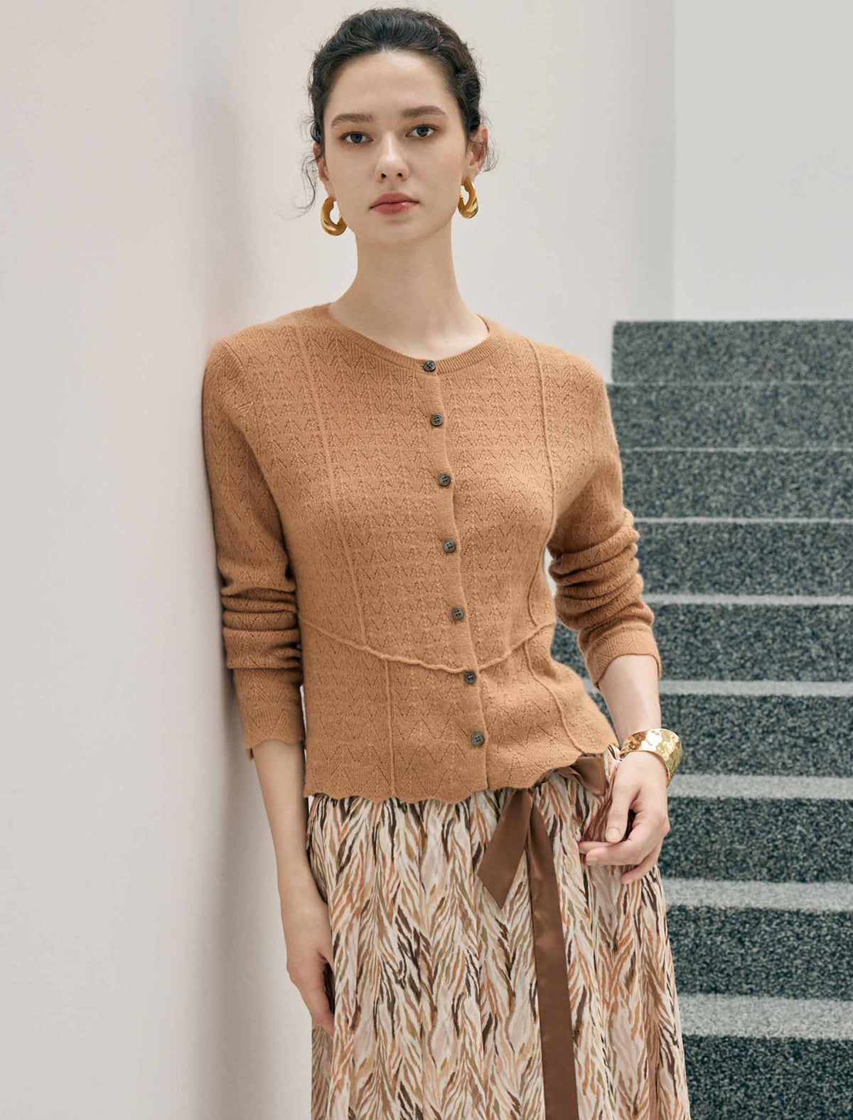 100% Wool Round Neck Button Long Sleeve Cardigan