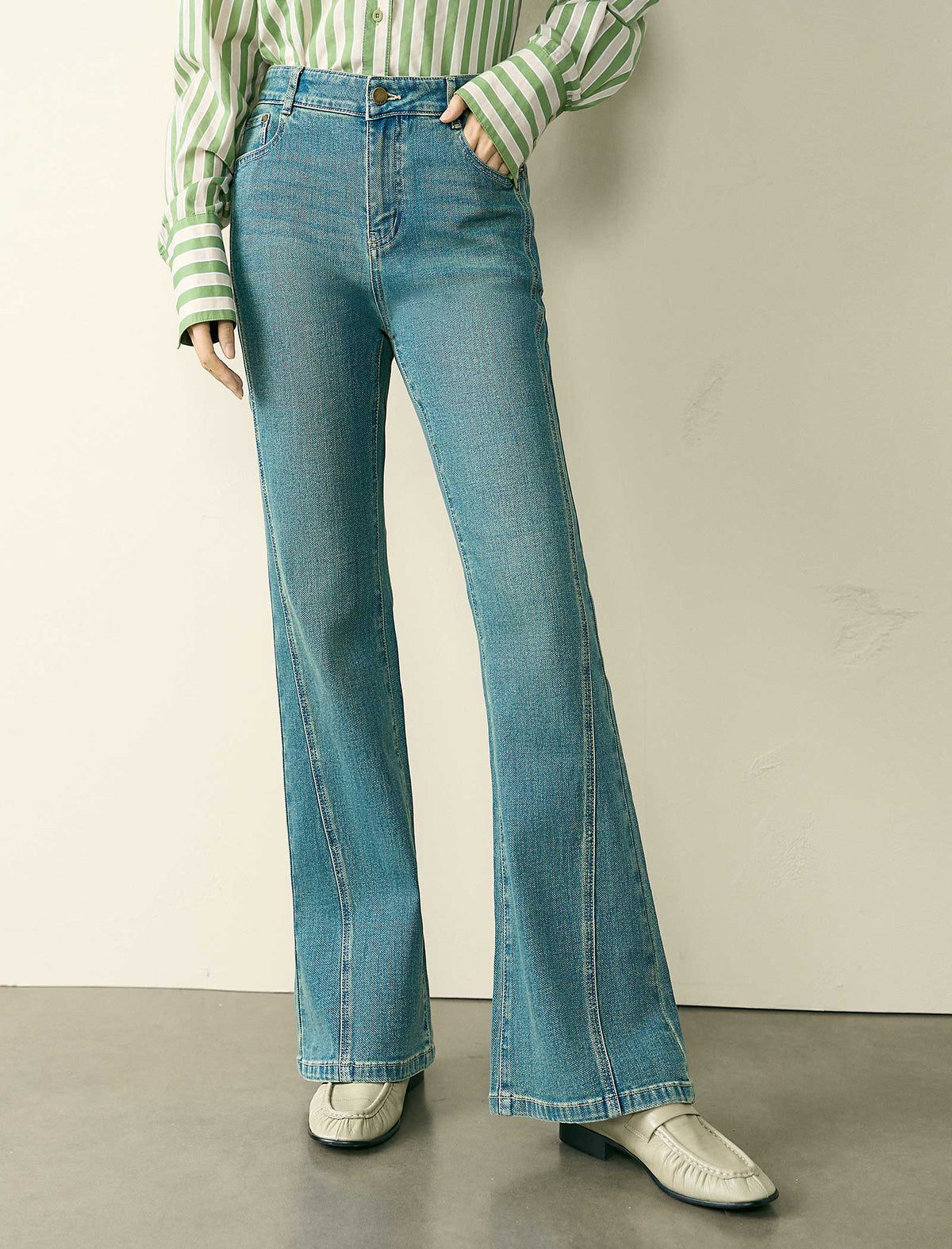 Mid Blue High Waist Side Seam Detail Flare Jeans