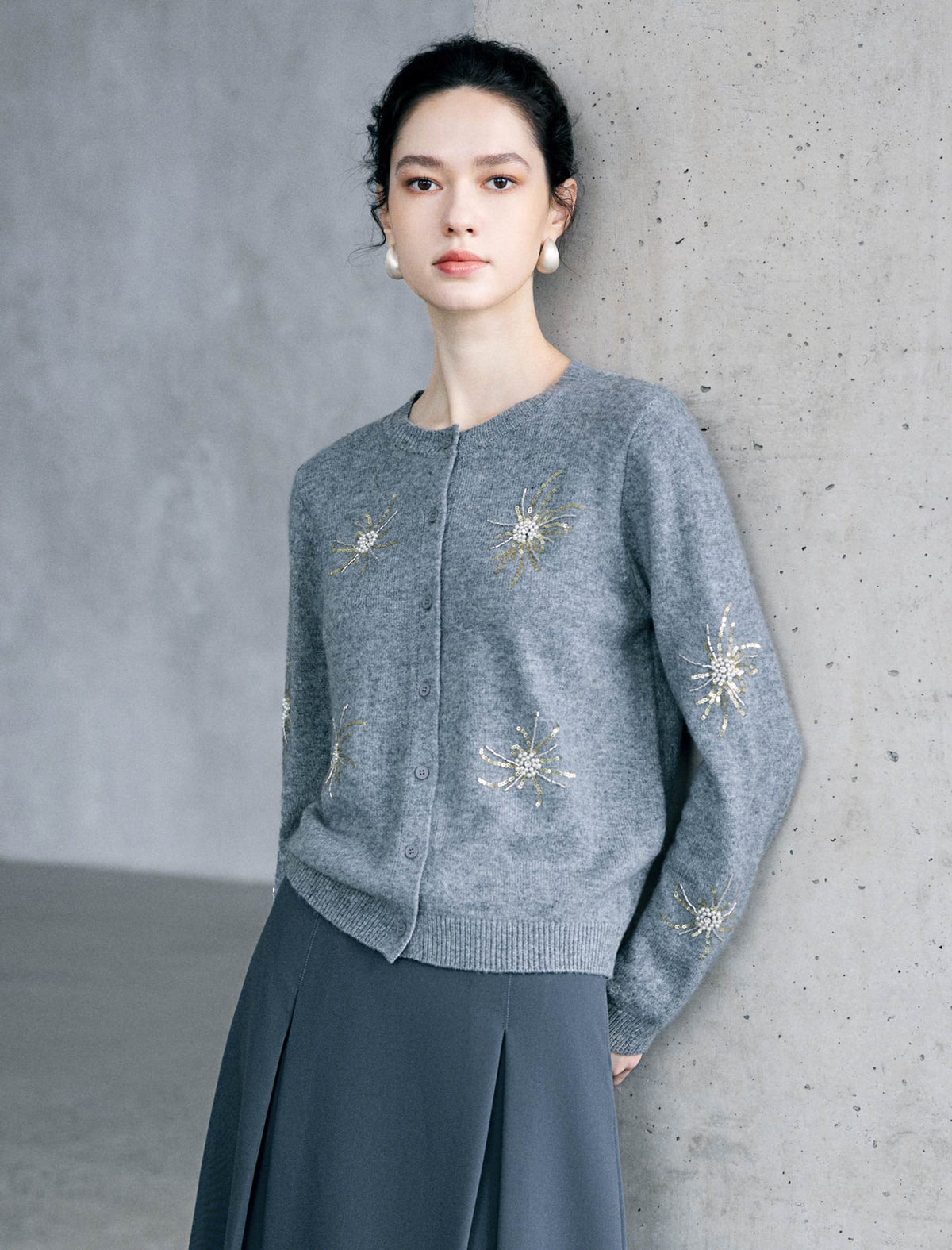Wool Blend Beaded Firework Embroidery Long Sleeve Cardigan
